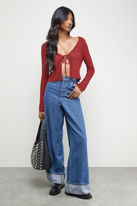 Burgundy Crinkle Sheer Tie Detail Cardigan - Image 2