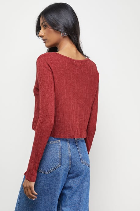 Burgundy Crinkle Sheer Tie Detail Cardigan - Image 3
