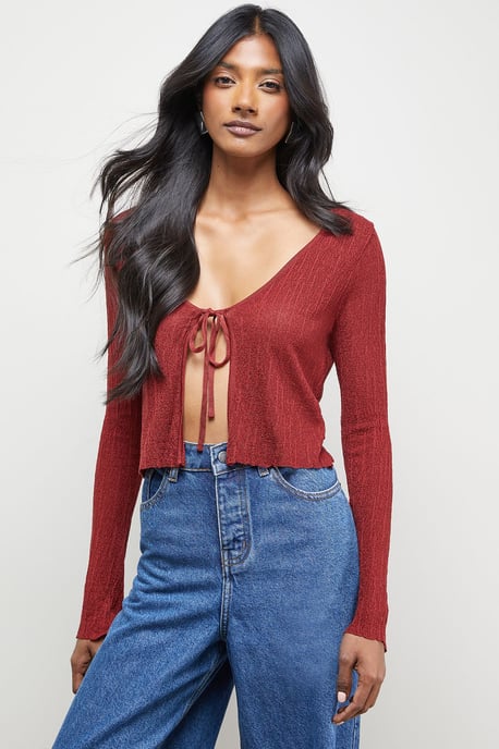 Burgundy Crinkle Sheer Tie Detail Cardigan - Image 4