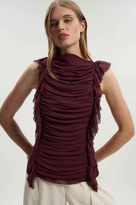 Bandage Mesh Gathered Ruffle Knit Top - Image 1