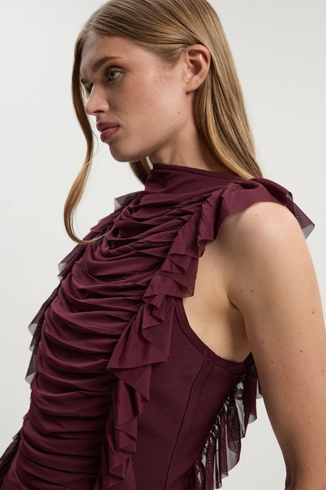 Bandage Mesh Gathered Ruffle Knit Top - Image 2