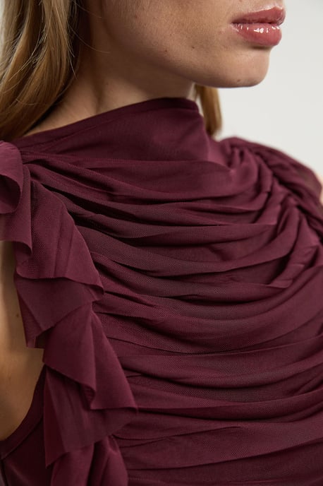 Bandage Mesh Gathered Ruffle Knit Top - Image 3