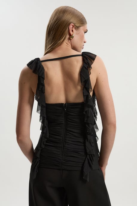 Bandage Mesh Gathered Ruffle Knit Top - Image 4