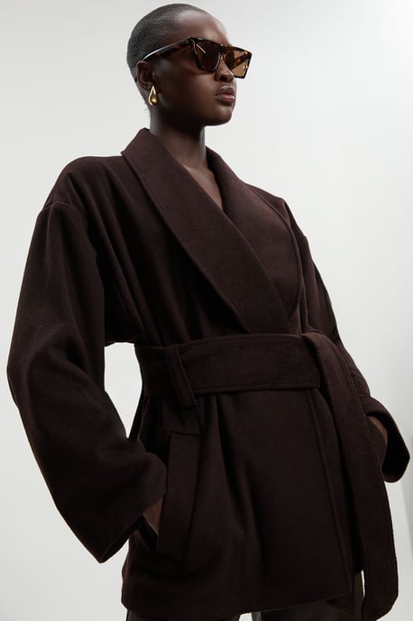 Brushed Wool Belted Wrap Tailored Short Coat - Image 1