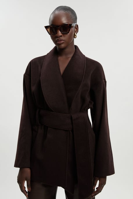 Brushed Wool Belted Wrap Tailored Short Coat - Image 3