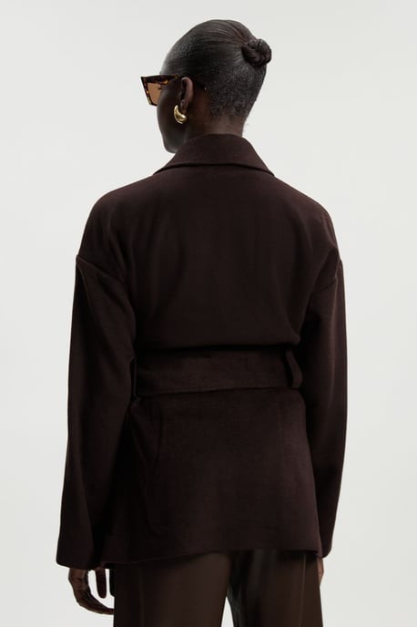 Brushed Wool Belted Wrap Tailored Short Coat - Image 6