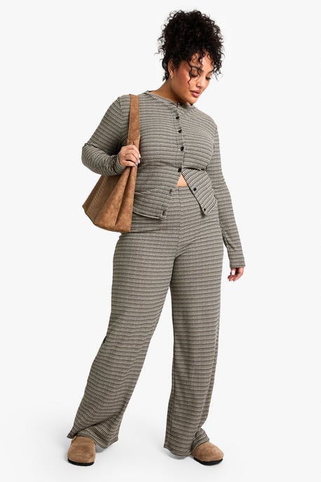 Plus Rib Tie Waist Stripe Trousers - Image 1