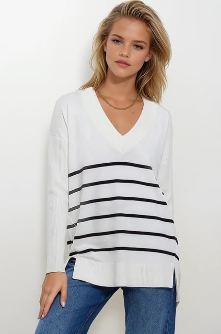 V-neck Stripe Longline Jumper - Image 1