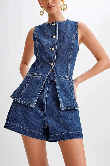 Indigo Denim Crew Neck Waistcoat - Image 4