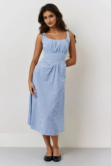 Blue Gingham Milkmaid Maxi Dress - Image 1