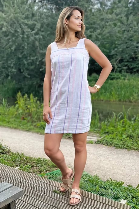 White Pink Stripe Sleeveless Linen Dress - Image 5