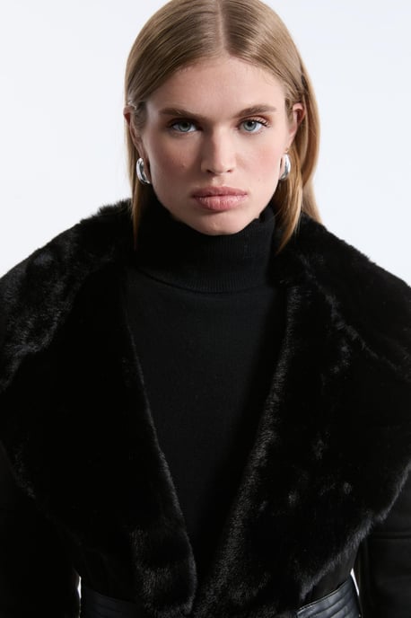 Faux Shearling Collar & Cuff Belted Midi Coat - Image 2