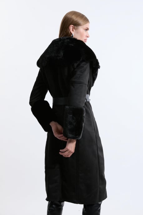 Faux Shearling Collar & Cuff Belted Midi Coat - Image 3