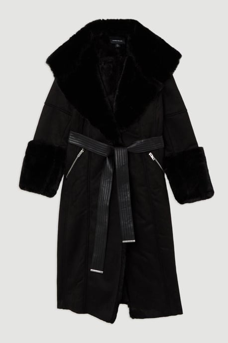 Faux Shearling Collar & Cuff Belted Midi Coat - Image 4