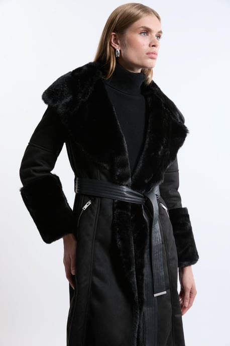 Faux Shearling Collar & Cuff Belted Midi Coat - Image 5