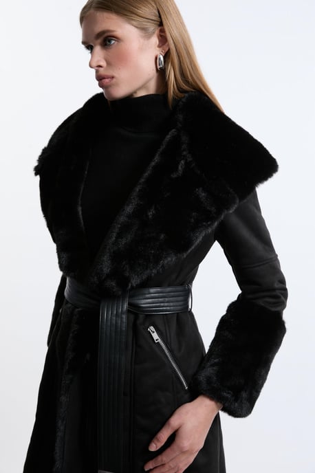 Faux Shearling Collar & Cuff Belted Midi Coat - Image 6