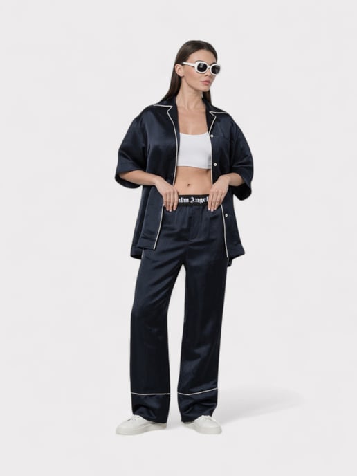 Palm Angels Satin Pajama Bottoms Navy Blue - Image 2