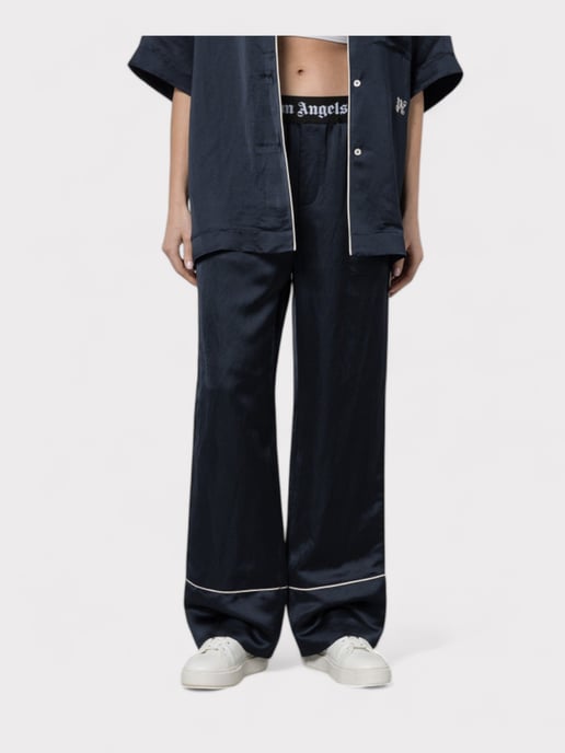 Palm Angels Satin Pajama Bottoms Navy Blue - Image 4