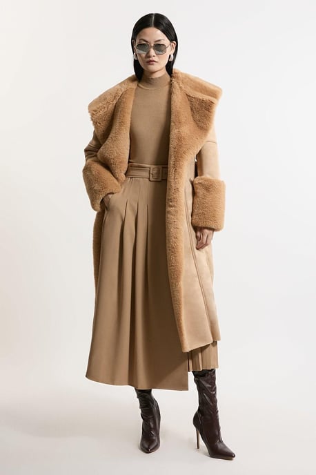 Faux Shearling Collar & Cuff Belted Midi Coat - Image 1