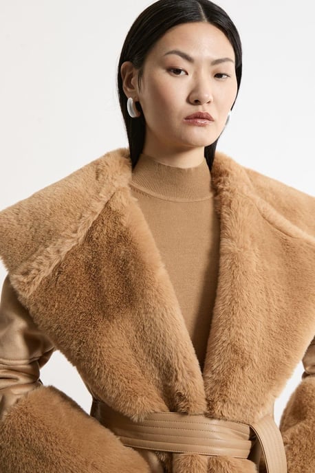 Faux Shearling Collar & Cuff Belted Midi Coat - Image 3