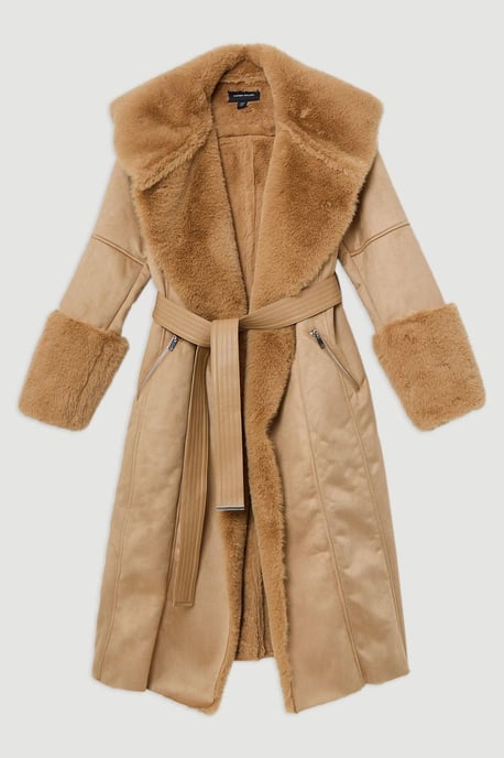 Faux Shearling Collar & Cuff Belted Midi Coat - Image 4