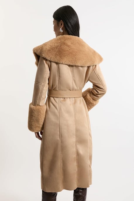 Faux Shearling Collar & Cuff Belted Midi Coat - Image 6