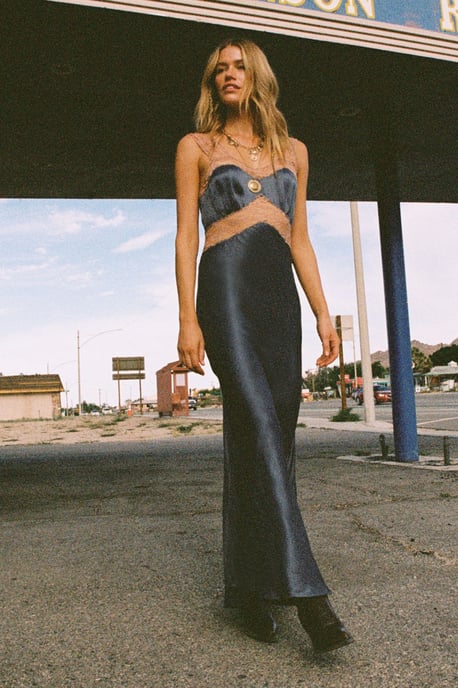 Premium Satin Lace Trim Maxi Dress - Image 1