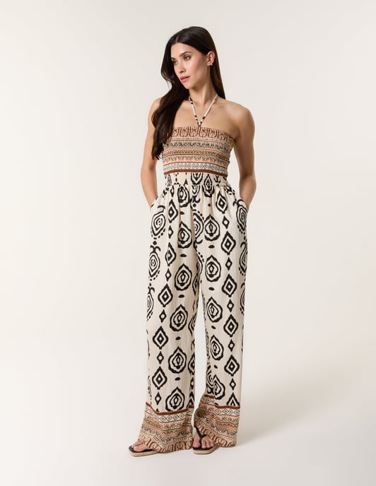 Print Strapless Bandeau Shirred Jumpsuit - Image 2
