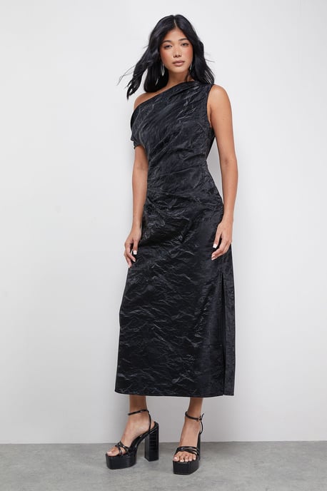 Faux Crinkle Leather Fallen Shoulder Ruched Waist Midi Dress - Image 2