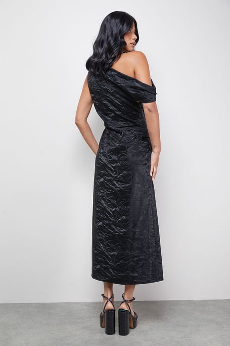 Faux Crinkle Leather Fallen Shoulder Ruched Waist Midi Dress - Image 3