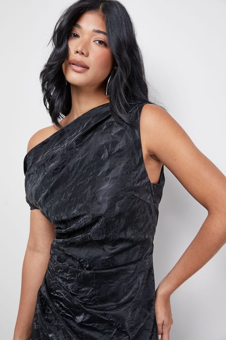 Faux Crinkle Leather Fallen Shoulder Ruched Waist Midi Dress - Image 4