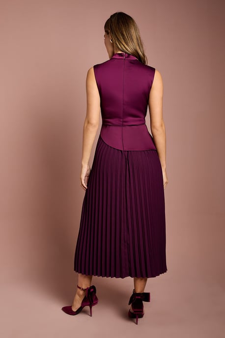 Drape High Neck Pleated Skirt Midi Dress - Image 4