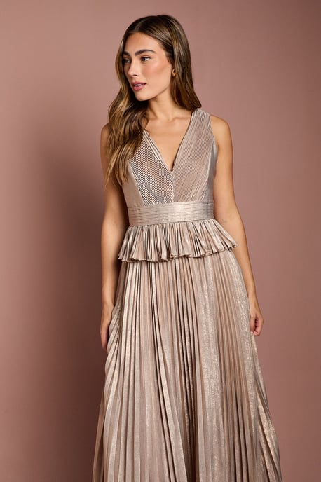 Sleeveless Metallic Pleated Maxi Dress With Peplum - Image 2