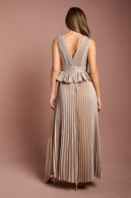 Sleeveless Metallic Pleated Maxi Dress With Peplum - Image 4