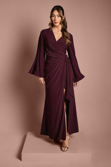 Wrap Waist Crepe Long Sleeve Bridesmaid Dress - Image 1