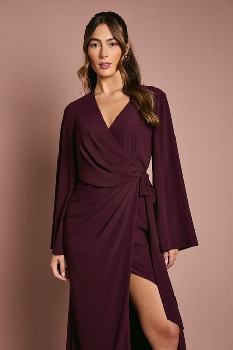 Wrap Waist Crepe Long Sleeve Bridesmaid Dress - Image 4