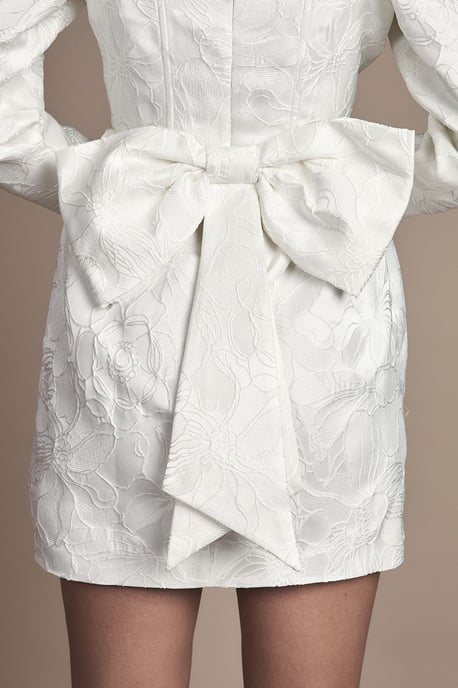 Long Sleeve Square Neck Jaquard Mini Wedding Dress with Bow Detail - Image 2