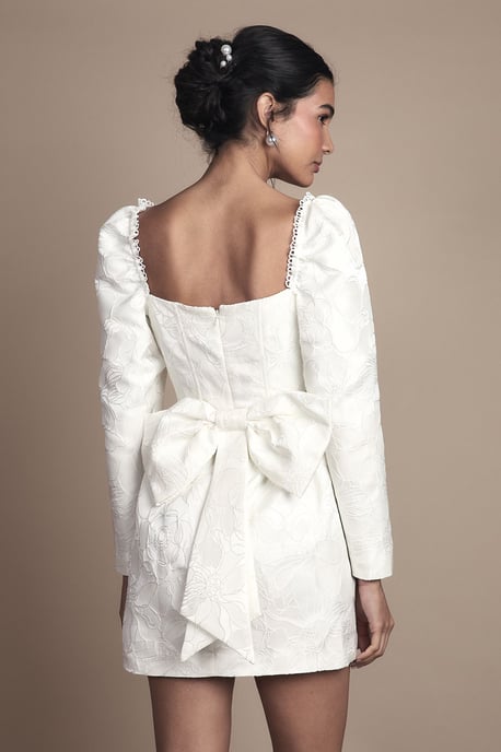 Long Sleeve Square Neck Jaquard Mini Wedding Dress with Bow Detail - Image 3
