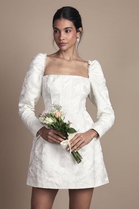 Long Sleeve Square Neck Jaquard Mini Wedding Dress with Bow Detail - Image 4