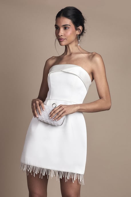 Strapless Satin Mini Wedding Dress with Hem Pearl Trim - Image 1
