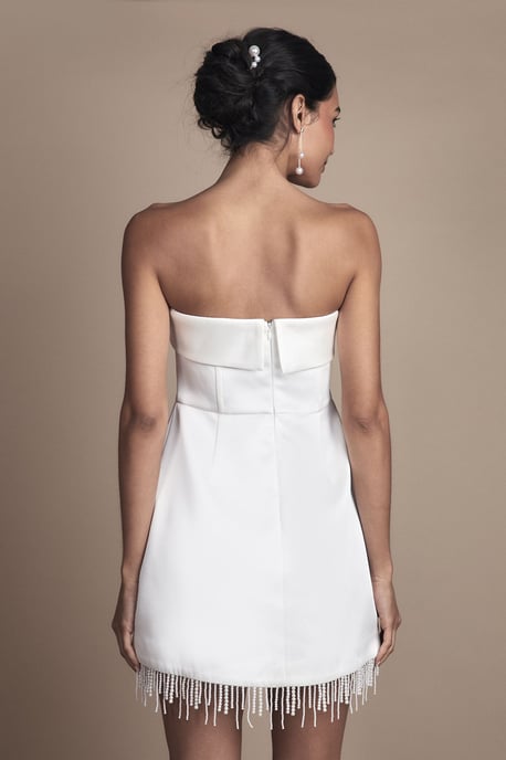 Strapless Satin Mini Wedding Dress with Hem Pearl Trim - Image 3