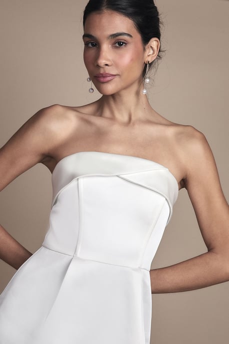 Strapless Satin Mini Wedding Dress with Hem Pearl Trim - Image 4