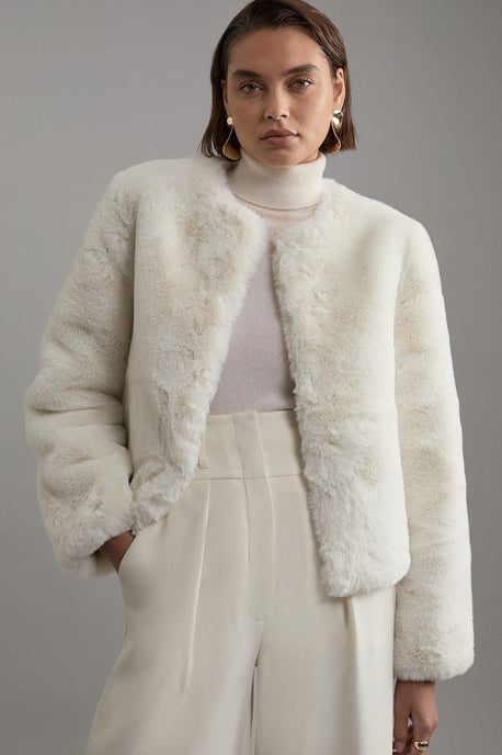 Collarless Faux Fur Jacket - Image 2