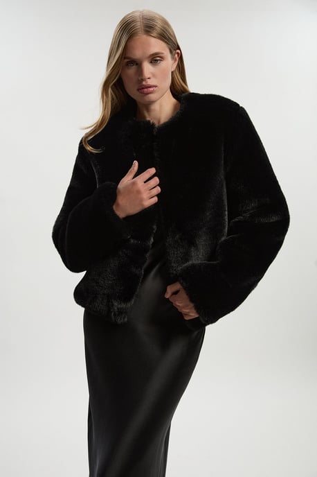 Collarless Faux Fur Jacket - Image 1