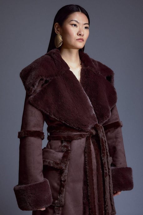 Faux Shearling Collar & Cuff Tie Belt Maxi Coat - Image 2