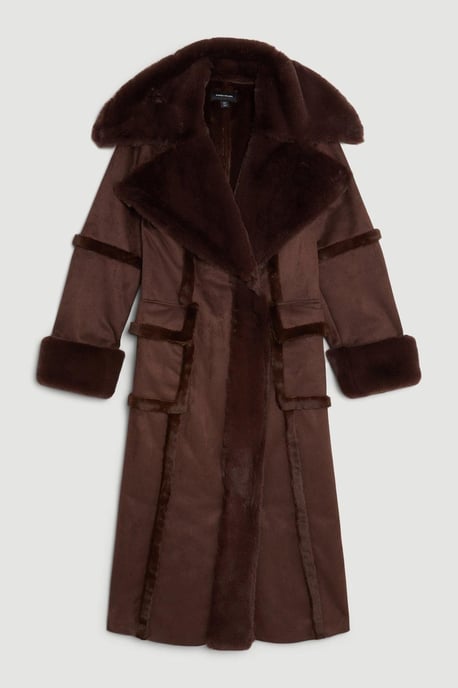 Faux Shearling Collar & Cuff Tie Belt Maxi Coat - Image 4