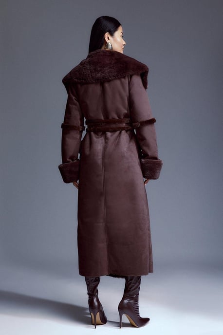 Faux Shearling Collar & Cuff Tie Belt Maxi Coat - Image 5