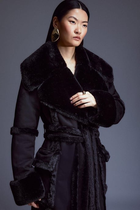 Faux Shearling Collar & Cuff Tie Belt Maxi Coat - Image 2