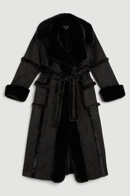 Faux Shearling Collar & Cuff Tie Belt Maxi Coat - Image 4