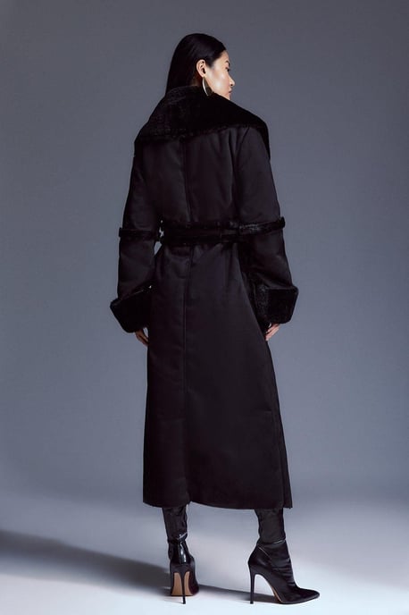 Faux Shearling Collar & Cuff Tie Belt Maxi Coat - Image 5